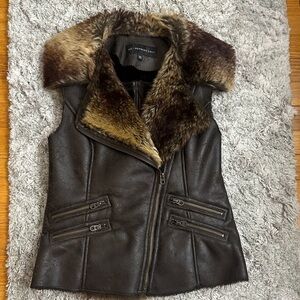 John Richmond Dark Brown Leather Vest with Faux Fur Collar